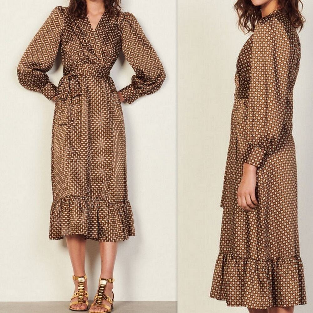 SANDRO JANINE PARIS Floral-Print Wrap-Front Midi Dress Marron US Sz 8 - Picture 2 of 14